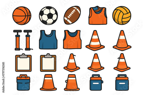Set of sports training equipment and accessories including balls, cones, jerseys, and pumps