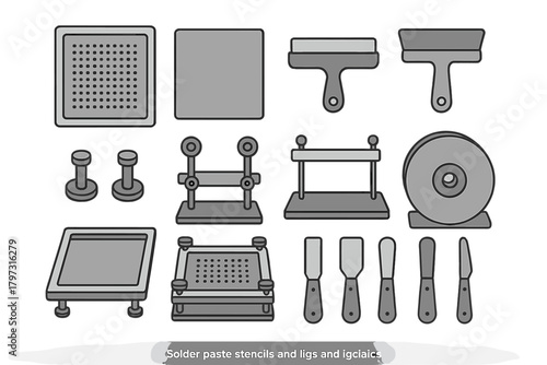 Electronic assembly tools set with solder paste stencils, fixtures, and scrapers for PCB work