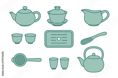 Essential traditional Asian tea ceremony accessories including teapots and cups
