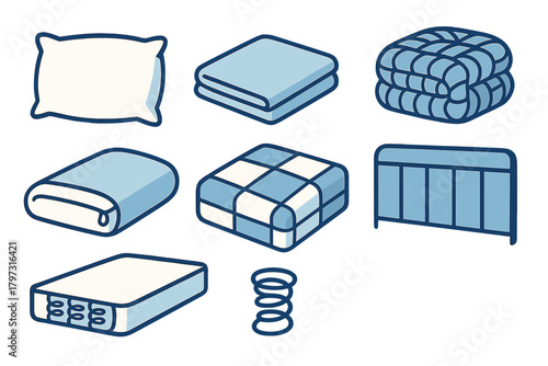 Pillow, folded blanket, mattress, and bed spring set of bedroom essentials