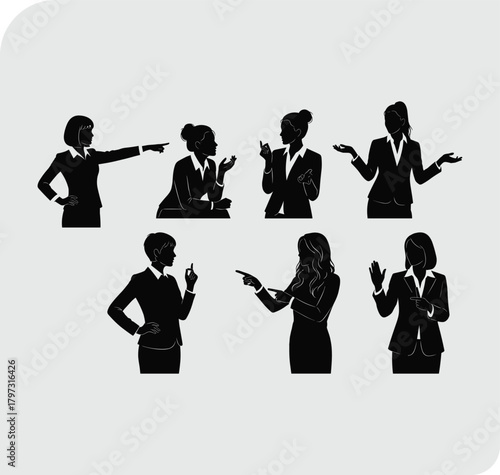 Business silhouettes, professional gestures, corporate attire, confident poses, leadership style, teamwork, communication, executive presence, office interaction, workplace behavior