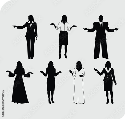Business silhouettes, professional gestures, corporate attire, confident poses, leadership style, teamwork, communication, executive presence, decision-making, office behavior