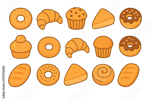 Assortment of fresh baked goods and pastries including donuts, croissants, muffins, and bread