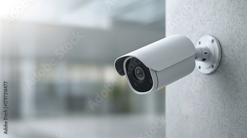 a security camera mounted on a wall. It is a modern-looking camera