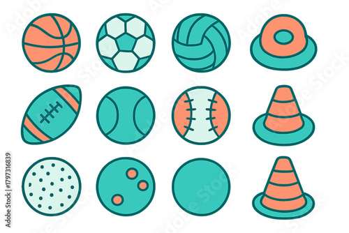 Collection of athletic balls and training cones for various popular sports games