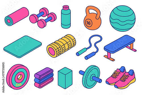 Colorful isometric set of fitness and gym equipment including dumbbells and yoga mat