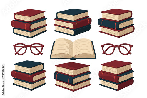 Seamless pattern of classic stacked books, open notebook, and vintage reading glasses for study and learning