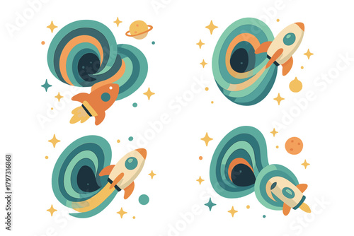 Stylized space rockets flying through colorful swirling cosmic portals