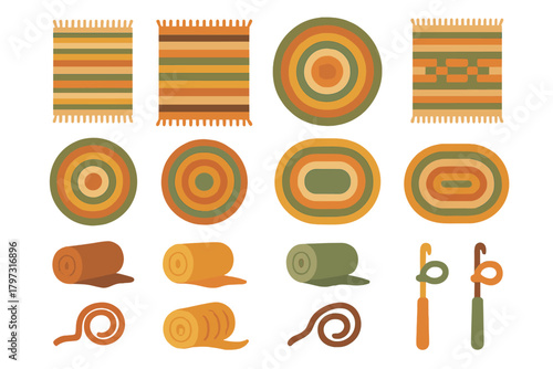 Woven floor coverings set including flat and rolled rugs in earthy colors and various shapes