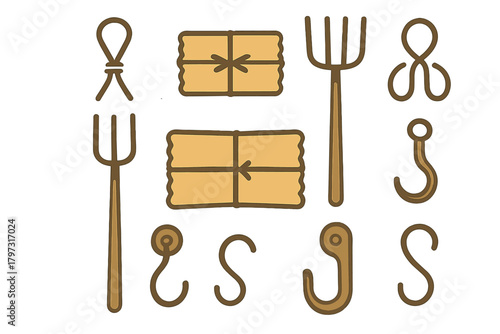 Set of farming equipment and harvest elements including pitchforks, hooks, and hay bales