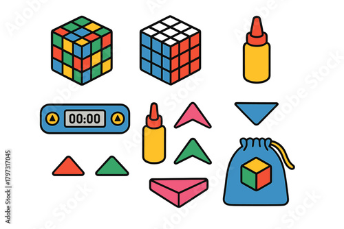 Speed solving competition equipment including colorful geometric cubes, digital timer, and accessories