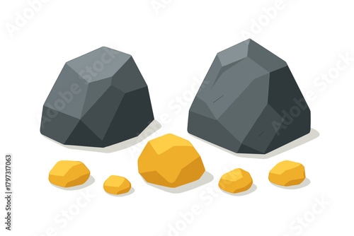 Collection of isometric gray rocks and shiny yellow gold nuggets isolated on white