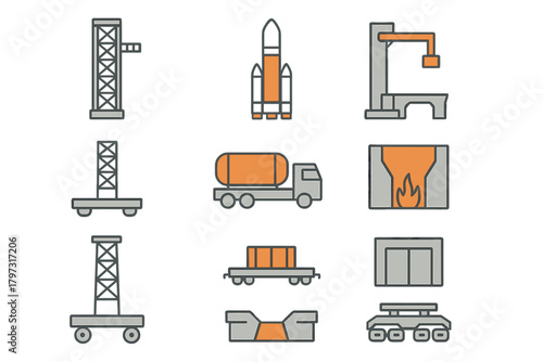 Heavy industry and manufacturing symbols including space technology and logistics transportation