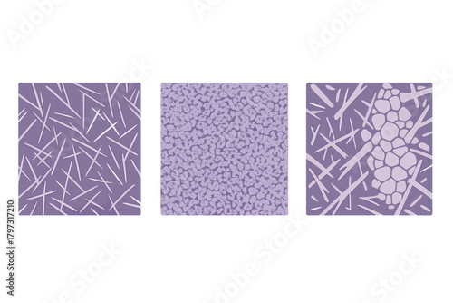 Set of three abstract seamless patterns with organic textures and scattered geometric lines