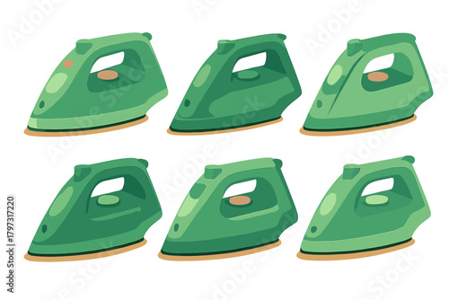 Seamless repeating pattern featuring multiple modern green household clothes irons