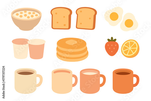 Assortment of popular breakfast foods including pancakes, cereal, fried eggs, and coffee