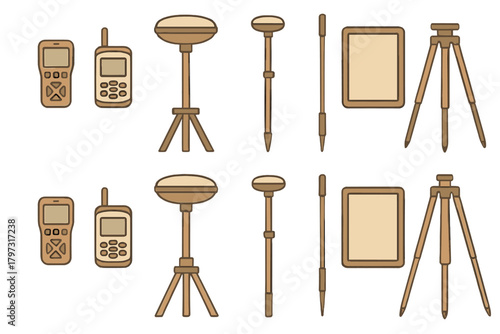 Professional surveying equipment set including GPS receivers, tripods, and range poles