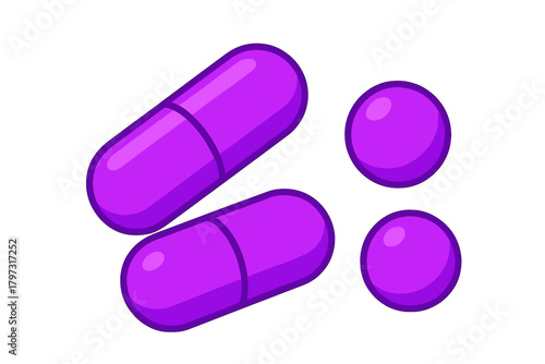 Purple medicine capsules and round tablets isolated on white background for healthcare