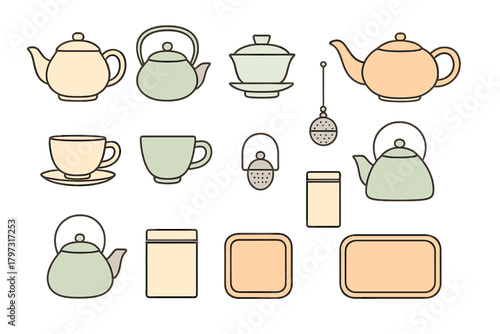 Pastel colored teaware objects assortment featuring kettles, cups, infusers, and storage