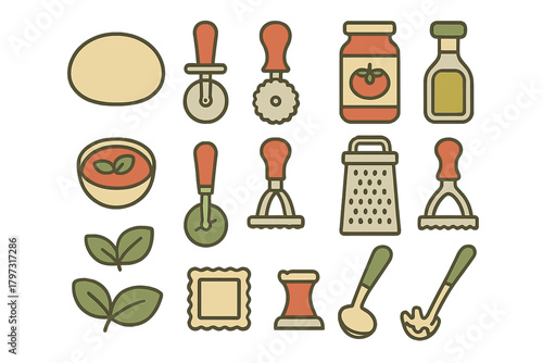 Traditional Italian cooking ingredients and kitchen utensils for food preparation