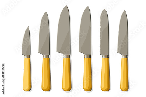 Set of various kitchen knives with bright yellow handles and stainless steel blades