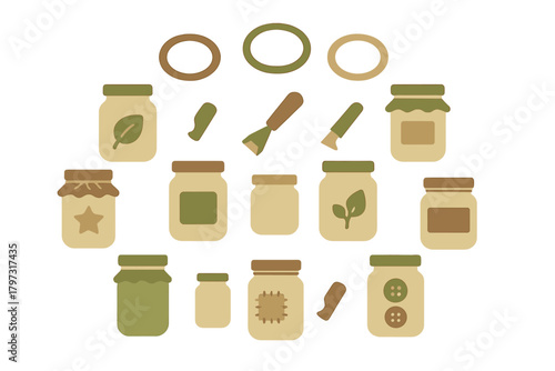 Stylized collection of jars, containers, lids, and crafting elements in earthy tones