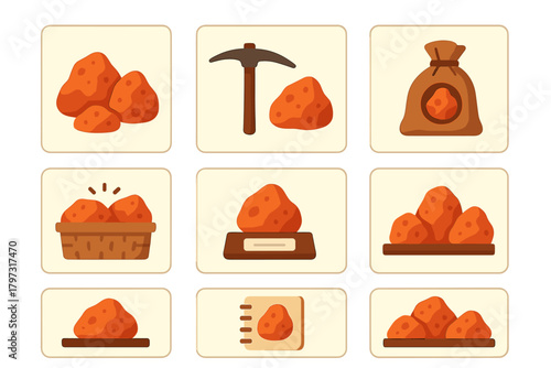 Raw mineral ore, pickaxe, and storage sack used in mining and geology
