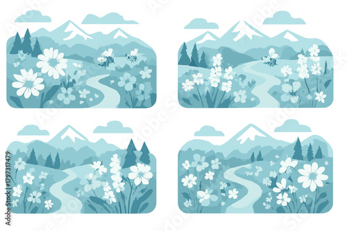 Stylized alpine landscape with snowy mountains, winding path, evergreen trees, and white flowers in a cool blue palette