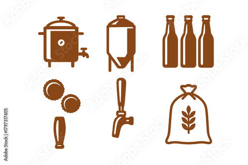 Home brewing equipment and ingredients symbols including kettle, fermenter, bottles, and malt