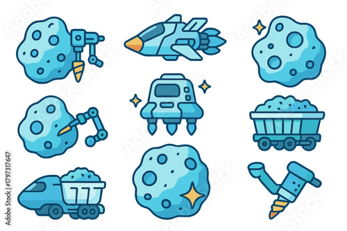 Futuristic asteroid mining and space resource extraction with spacecraft and drilling equipment