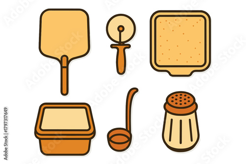 Essential kitchen tools and equipment set for pizza preparation featuring a peel, cutter, tray, and shaker