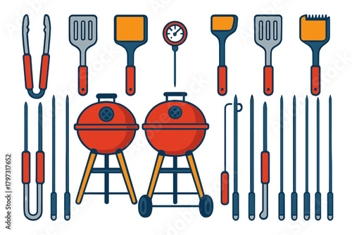 Essential collection of barbecue grilling tools and charcoal kettle grills set for summer cookouts