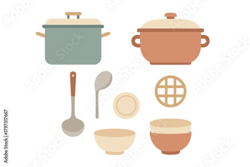 Modern kitchenware collection featuring cooking pots, serving bowls, ladle, and spoon