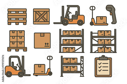 Essential logistics and warehouse equipment icons featuring shipping boxes, machinery, and storage