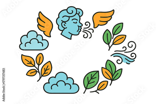 Mythological spirit blowing wind surrounded by clouds, wings, and seasonal foliage