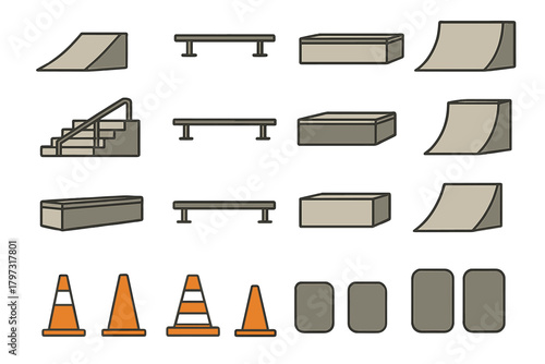 Skateboarding park elements collection with quarter pipes, fun boxes, and safety cones