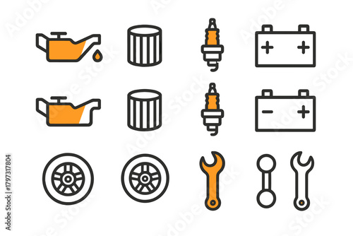 Essential automotive repair and maintenance symbols for car parts, mechanic tools, and service