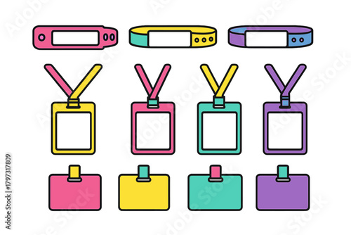 Brightly colored collection of security wristbands and blank identification badge holders