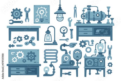 Set of industrial workshop elements including gears wrenches machinery and scientific apparatus