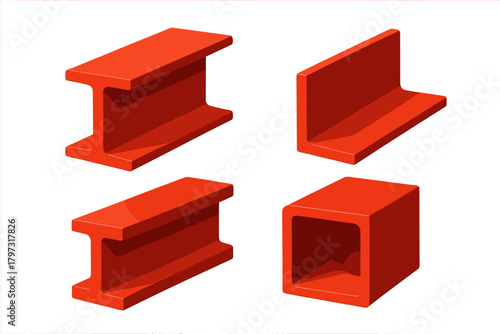 Red metal construction elements including I-beam, angle profile, and square hollow section shapes