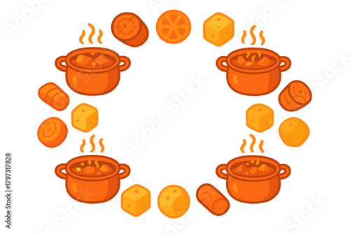 Warm cooking pots filled with stew surrounded by various orange and yellow food ingredients forming a circular frame