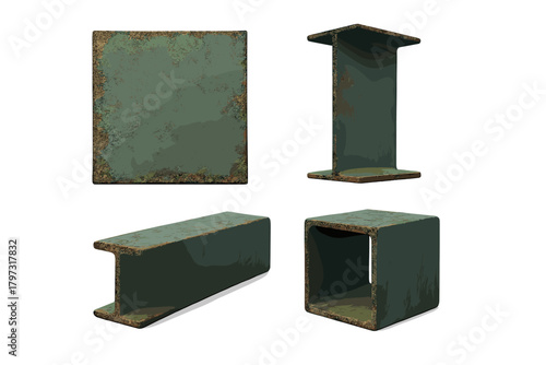 Weathered structural steel profiles including I-beam and square tube shapes with rusty green patina