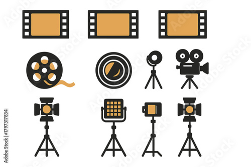 Camera, lighting, and reel symbols representing professional film and video production gear