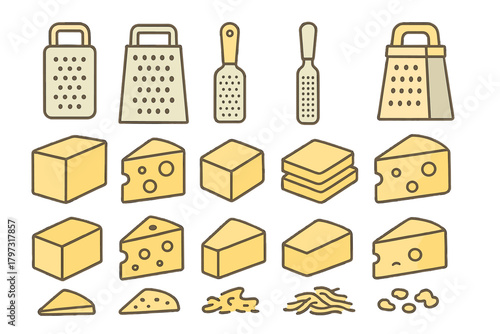 Collection of various cheese forms blocks wedges slices and kitchen food graters