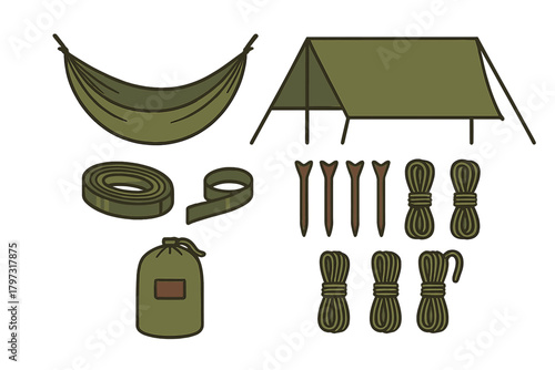 Essential outdoor camping and survival gear set including hammock tarp rope and stakes