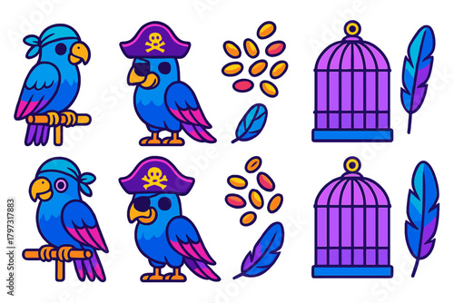 Vibrant cartoon parrots including a pirate bird with cage feathers and seeds