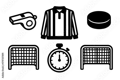 Sports referee and hockey game equipment including whistle, striped uniform, puck, stopwatch, and goals