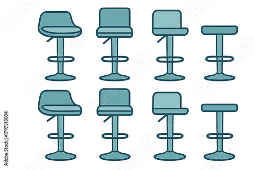 Set of modern adjustable bar stools and high chairs in teal color isolated on white