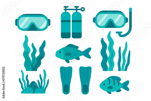 Essential scuba diving gear collection including mask, fins, oxygen tank, and colorful tropical fish
