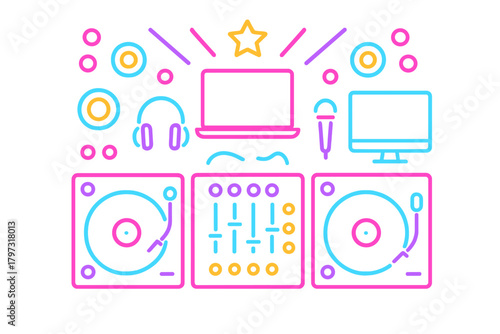 Professional DJ equipment setup featuring neon outline style for nightlife entertainment and party performance